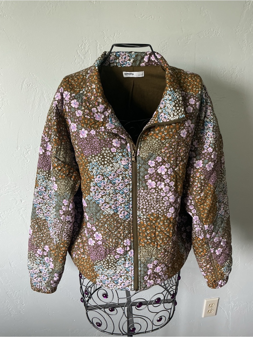 Sonoma Brown Floral Quilted Zip Jacket